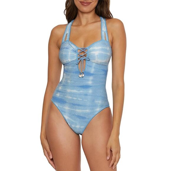 NWT Becca Women's Washed Away Bandeau Lace Up One Piece Swimsuit Medium M - Picture 1 of 5